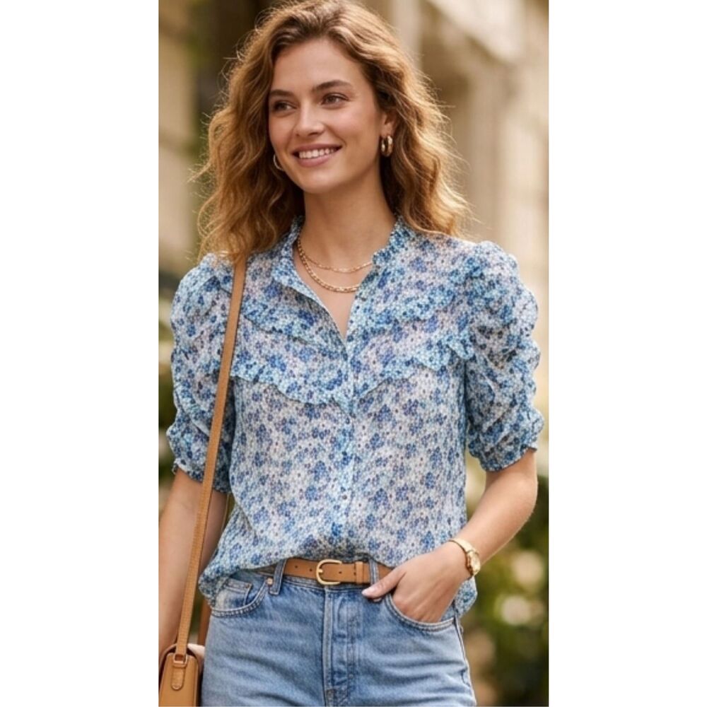 Shoshanna Silk Blend Blue Ditsy Floral Button Front Blouse Size M